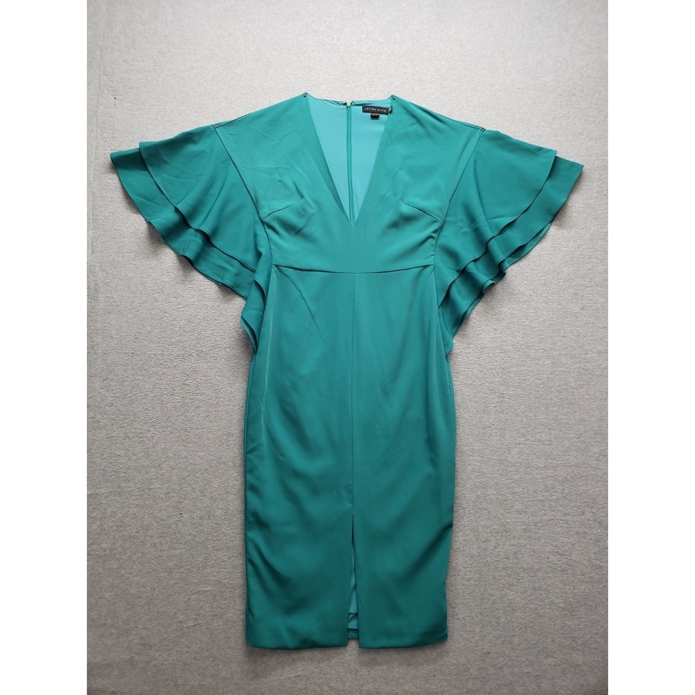 Lavish Alice Women Midi Dress 6 Green V Neck Ruffle Sleeve Back Zip Cocktail